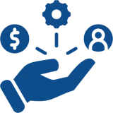 Hand with finance and cog symbols
